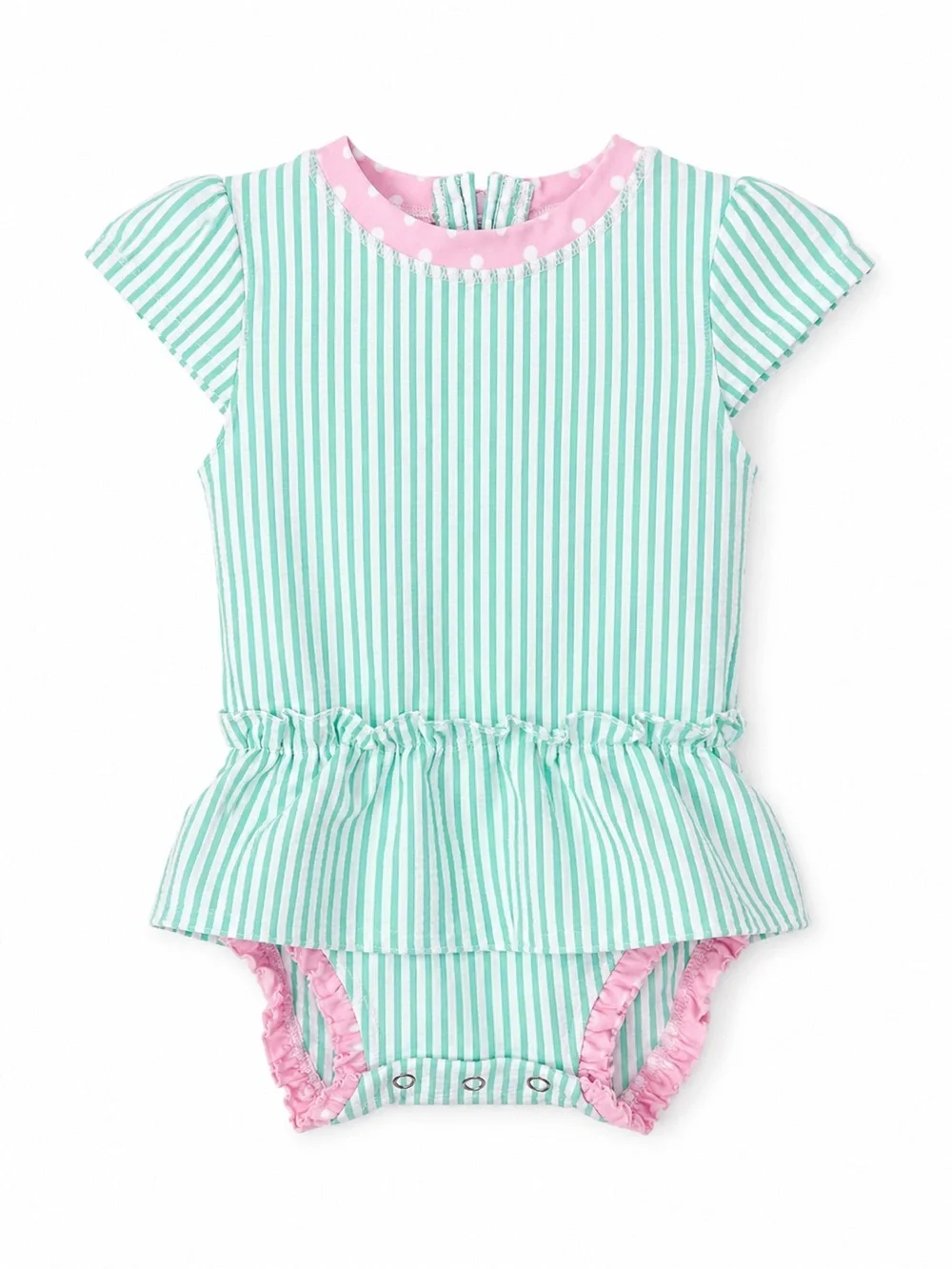 RuffleButts Seersucker Rash Guard Swimsuit 12-18M | Mint Green Pink Bow
